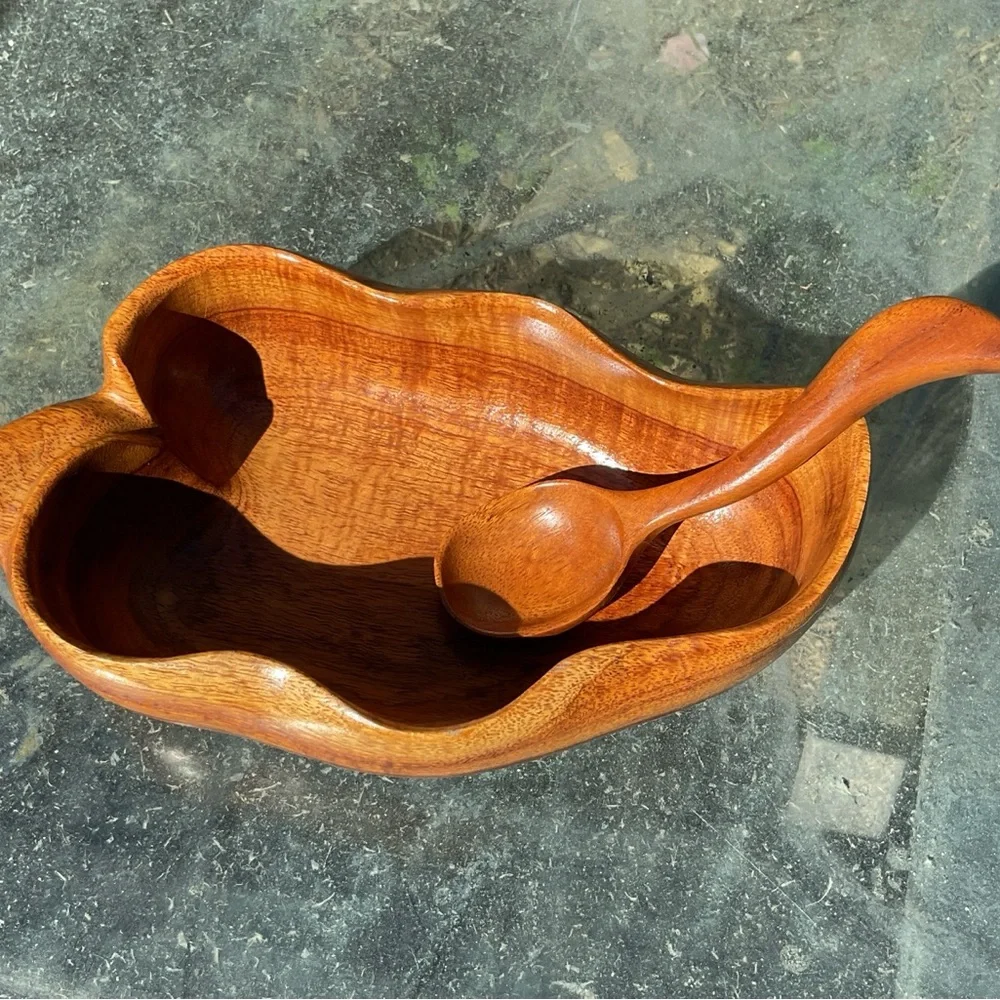 Handmade Hawaiian Wooden Bowl and Spoon Set, Signed - Picture 8 of 10